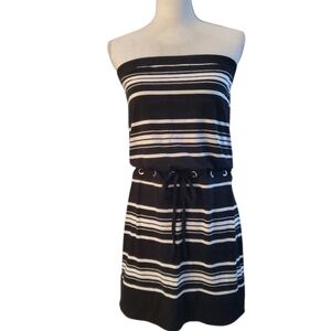 White House Black Market Strapless Black Striped Blouson Mini Sun Dress Size M